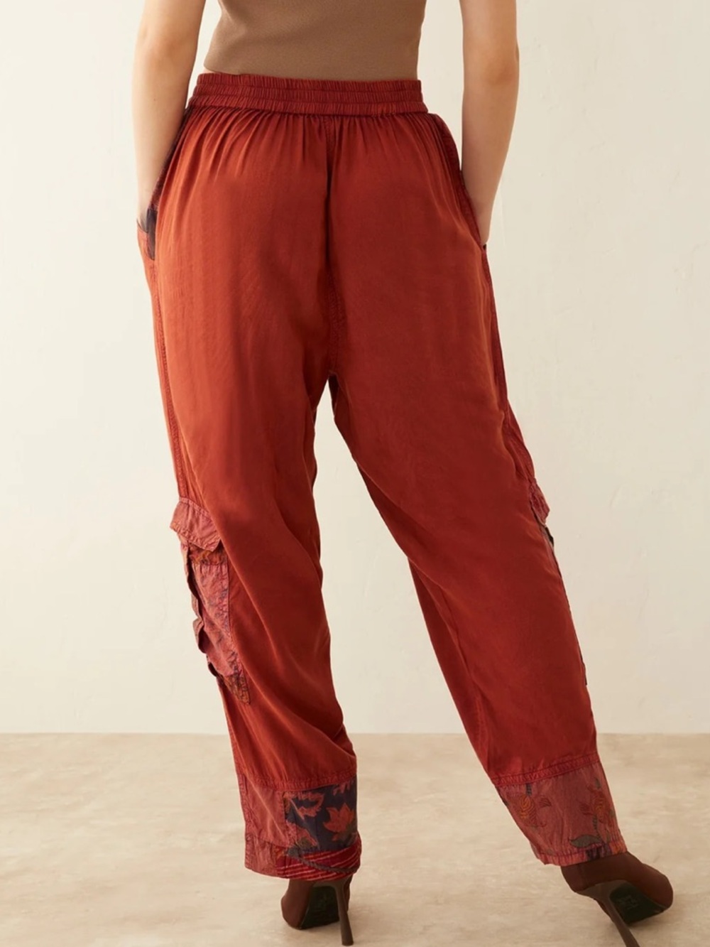 New Sz M, Bohemian Patchwork Wide-Leg Pants - Rust